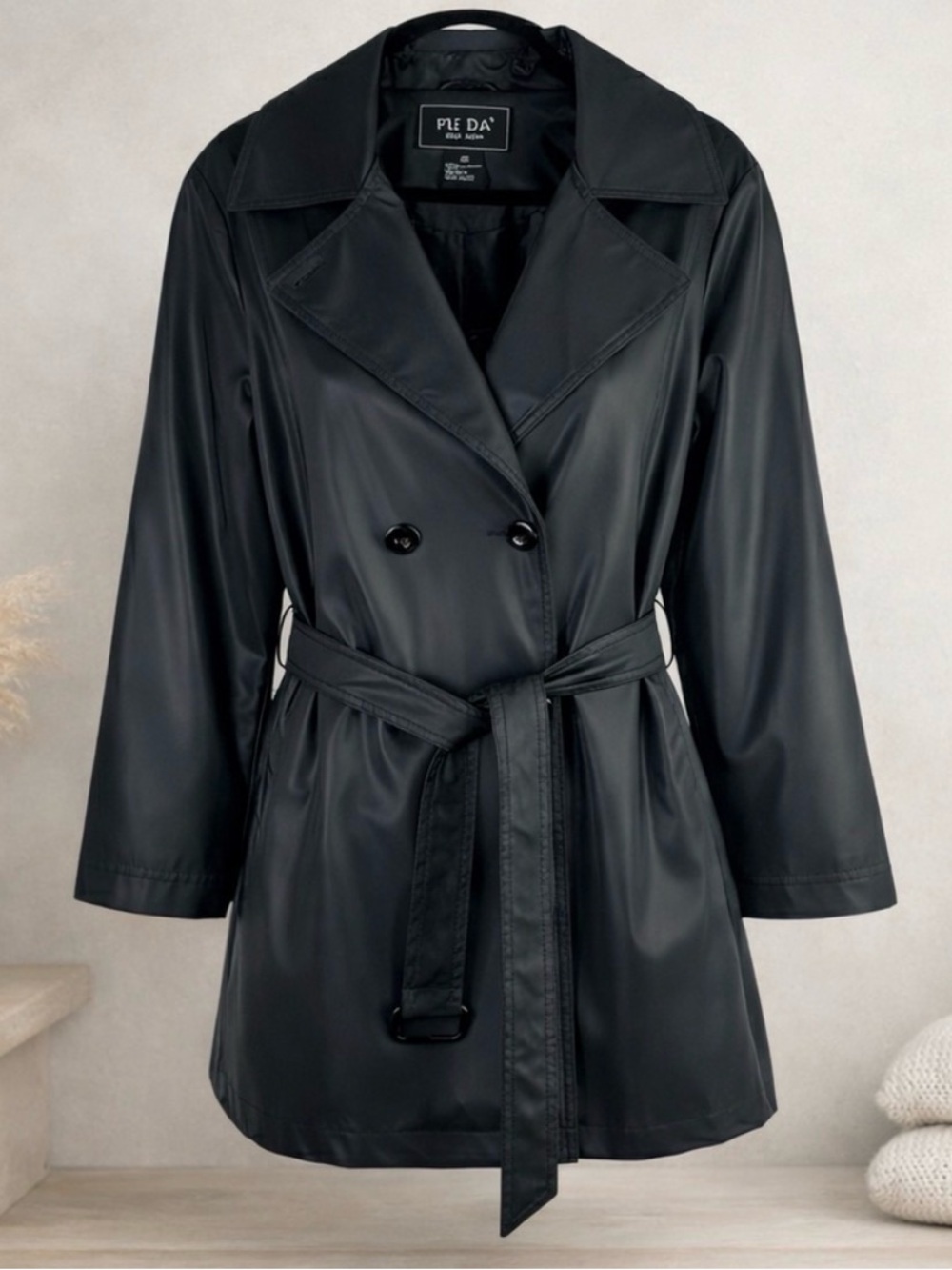 FuDa NY Black Belted Trench Raincoat Nylon Double Breasted Jacket Medium - Picture 3 of 7